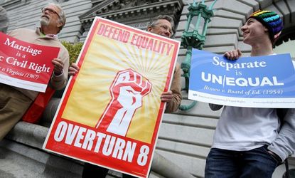 Opponents of Proposition 8 demonstrate outside the San Francisco Court of Appeals last February.