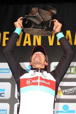 How sweet it is! Fabian Cancellara revels in his Tour of Flanders victory on the podium.