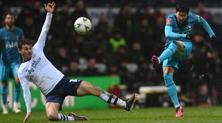 Heung-min Son unleashes a shot from long range to give Tottenham the lead at Preston North End in the FA Cup in January 2023.