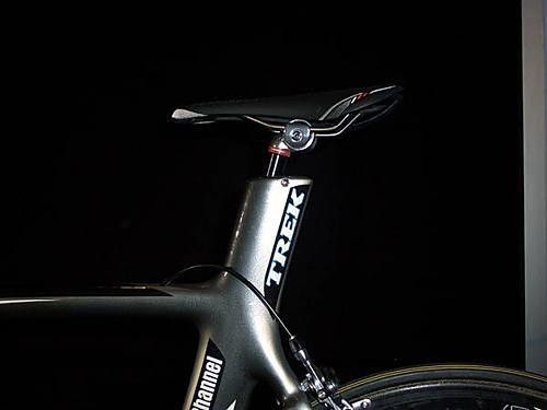 A bontrager seatpost sits on top of the TT bike, along with a Bontrager Race X Lite saddle