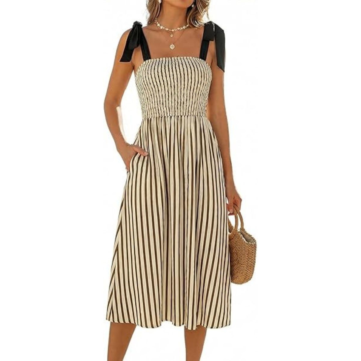 Cupshe Women Summer Dress Smocked Striped Sleeveless Midi Dress Tie Shoulder Cami Beach Party Dress Beige Brown L