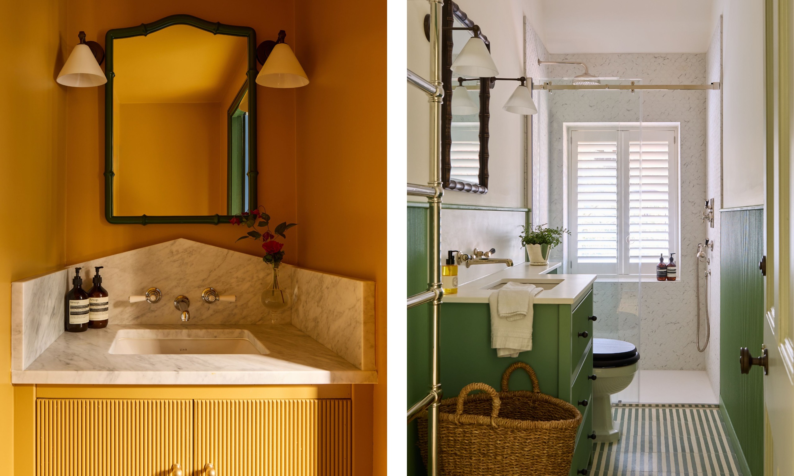 Two bathrooms, one color-drenched in dark yellow with a marble countertop, a bamboo mirror, and two white wall sconces. A narrow bathroom with green wall paneling, green-and-white striped tiles on the floor, and textured white tiles in the shower.