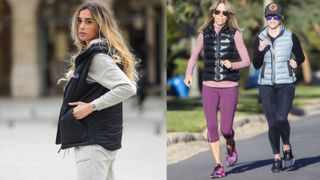composite image of how to style a gilet with a hoodie, of a street style shot and a shot of Reese Witherspoon running with a friend