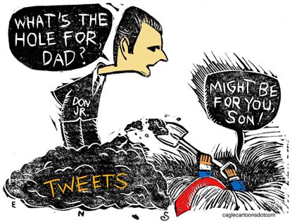 Political cartoon U.S. Trump Don Jr. twitter social media tweets hole dig Russia investigation collusion