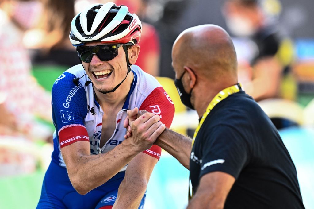 GroupamaFDJ teams French rider David Gaudu reacts after the 18th stage of the 109th edition of the Tour de France cycling race 1432 km between Lourdes and Hautacam in the Pyrenees mountains in southwestern France on July 21 2022 Photo by Marco BERTORELLO AFP Photo by MARCO BERTORELLOAFP via Getty Images