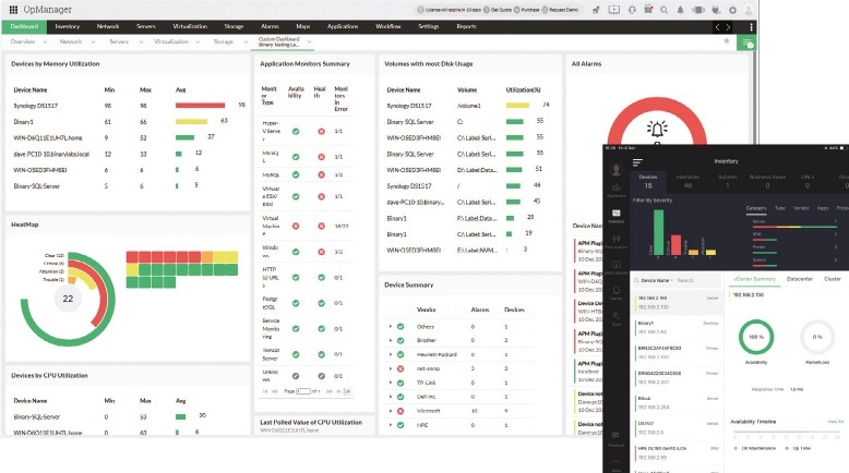 Desktop screenshot of OpManager's dashboards