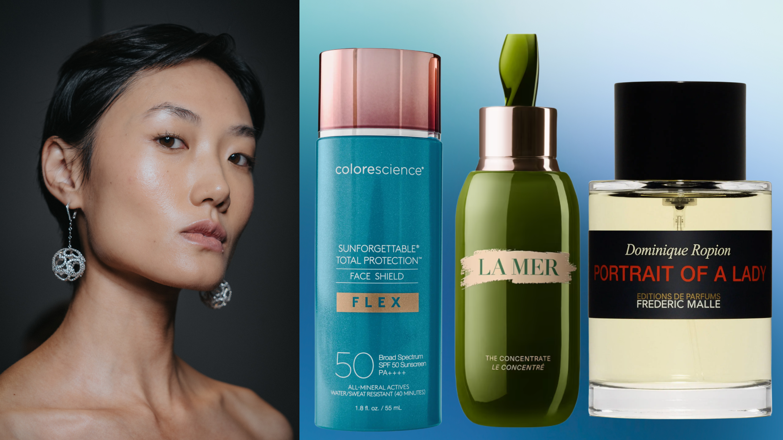 A woman with a pixie cut wearing disco drop earrings. She is next to three beauty products on a blue background. 