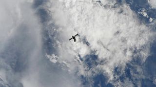 A Russian Soyuz MS-14 carrying the humanoid Skybot F-850 robot and other gear is seen in this view from an International Space Station camera just after undocking on Sept. 6, 2019. The spacecraft landed in Kazakhstan later that day.