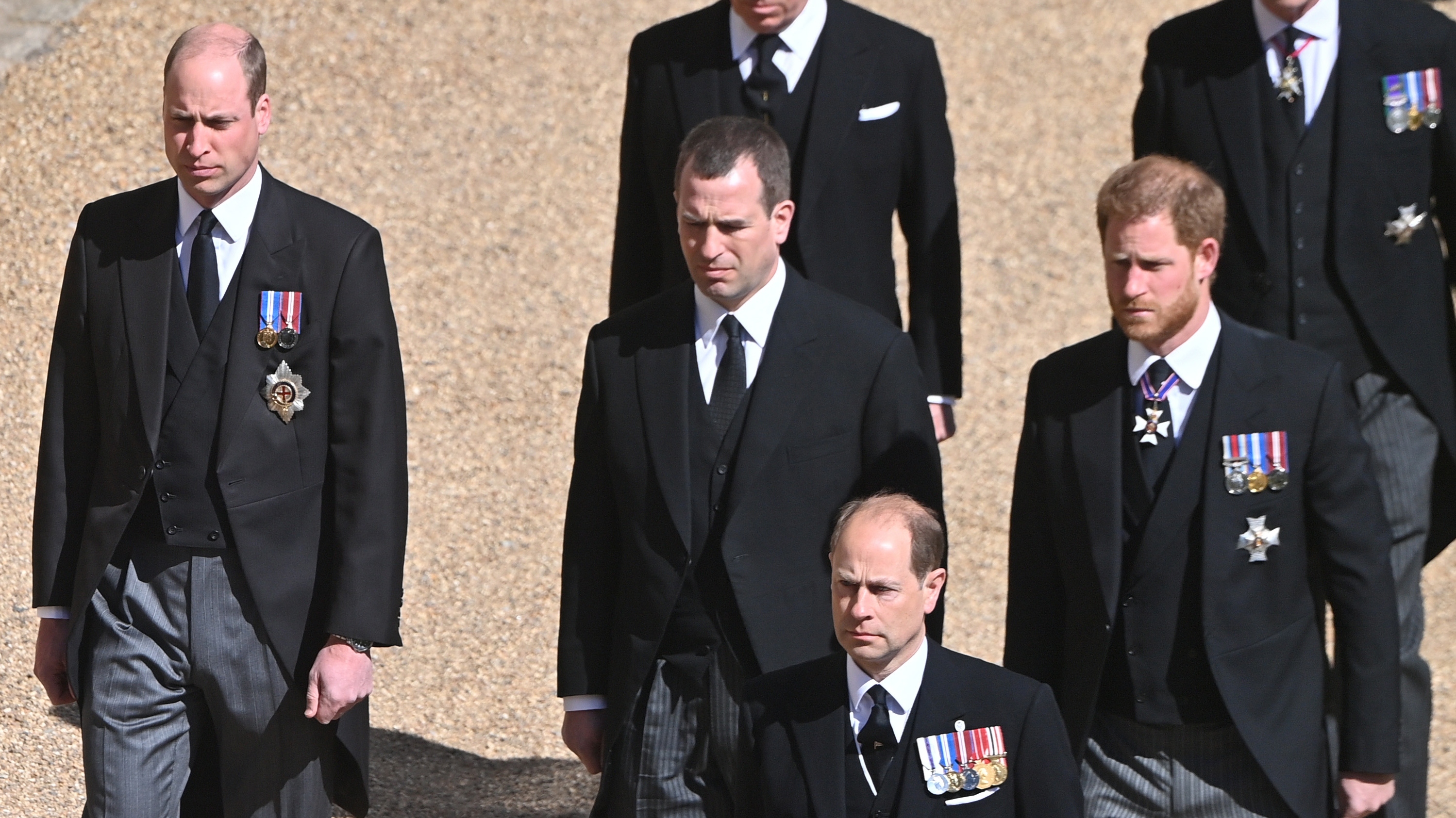 Members of the Royal Family walk in Prince Philip's funeral procession