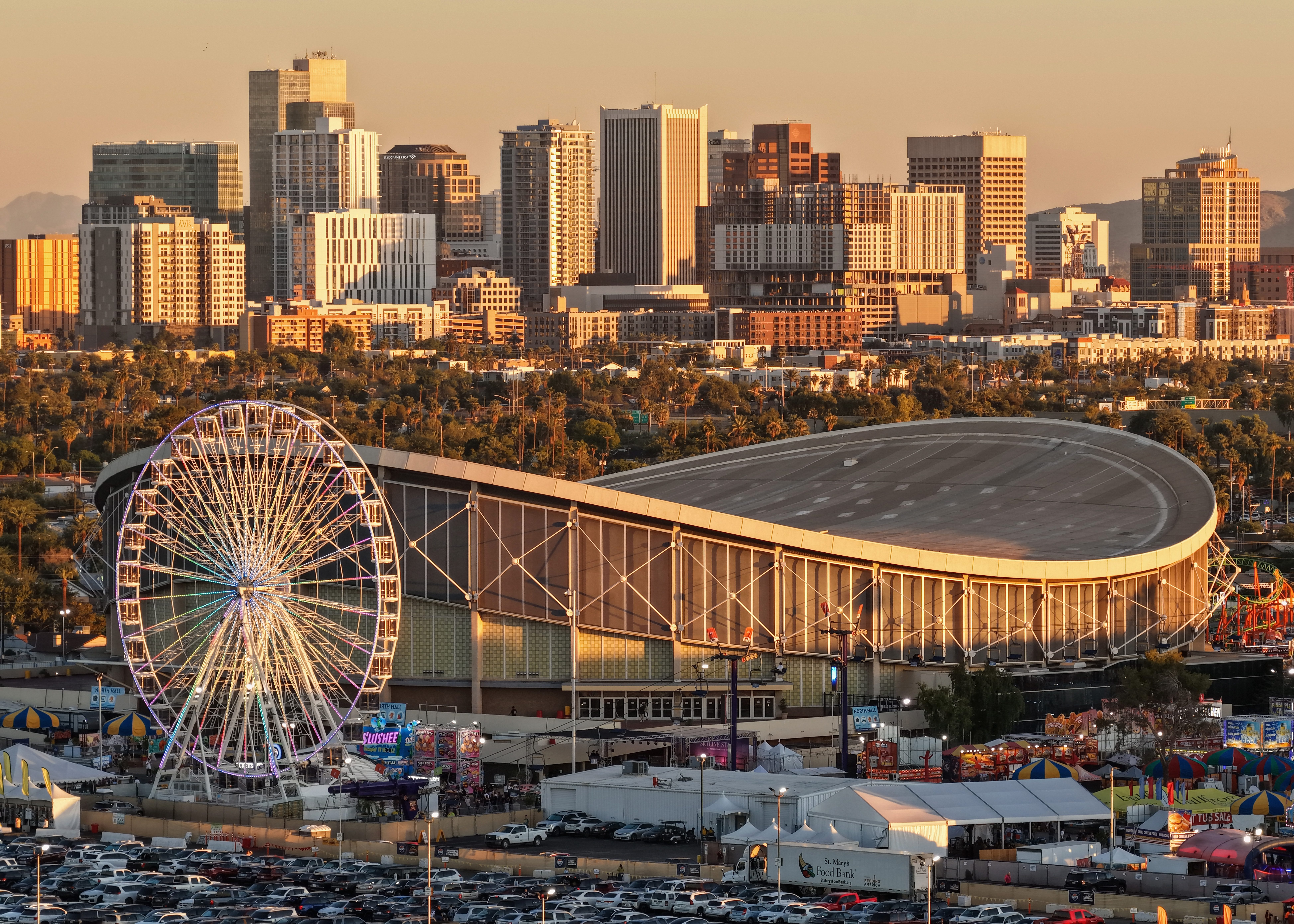 The Arizona State Fair grounds with Phoenix in the background