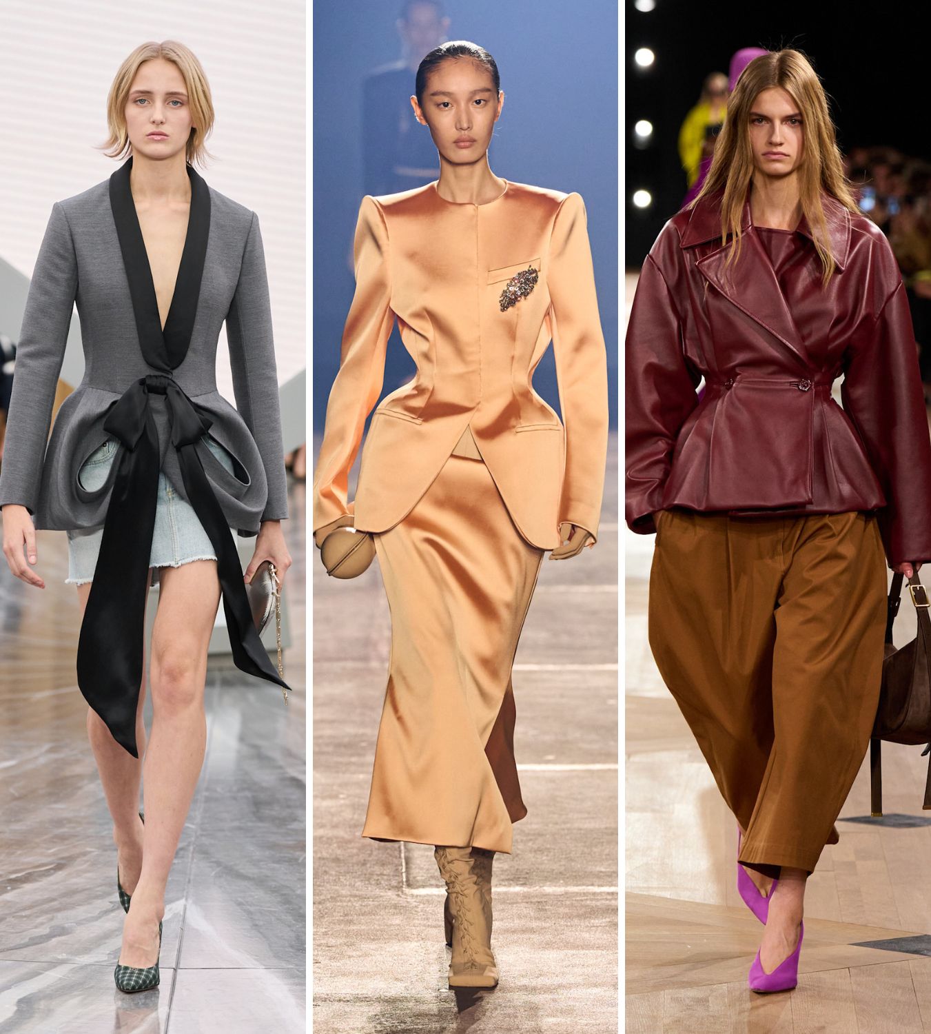 models on the catwalk at dior, mugler and stella mccartney wearing peplum jackets