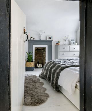 white and grey themed bedroom