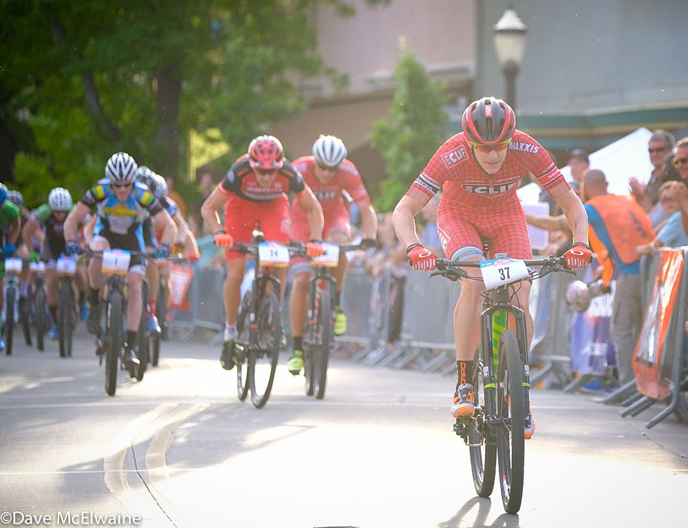 Ben Sonntag (Cliff Bar) leading the race with two laps togo as the sun was settting