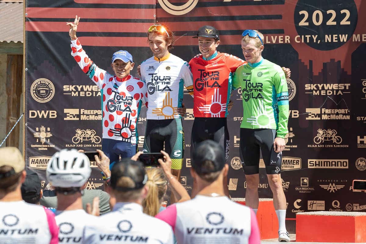 Final Classification podium: Heiner Parra Bustamante (Canel's Zerouno) in polka dots, Jarod Scott (Aevolo) in white, Sean Gardner (CS Velo) in red, and Tyler Stites (Project Echelon) in green.
