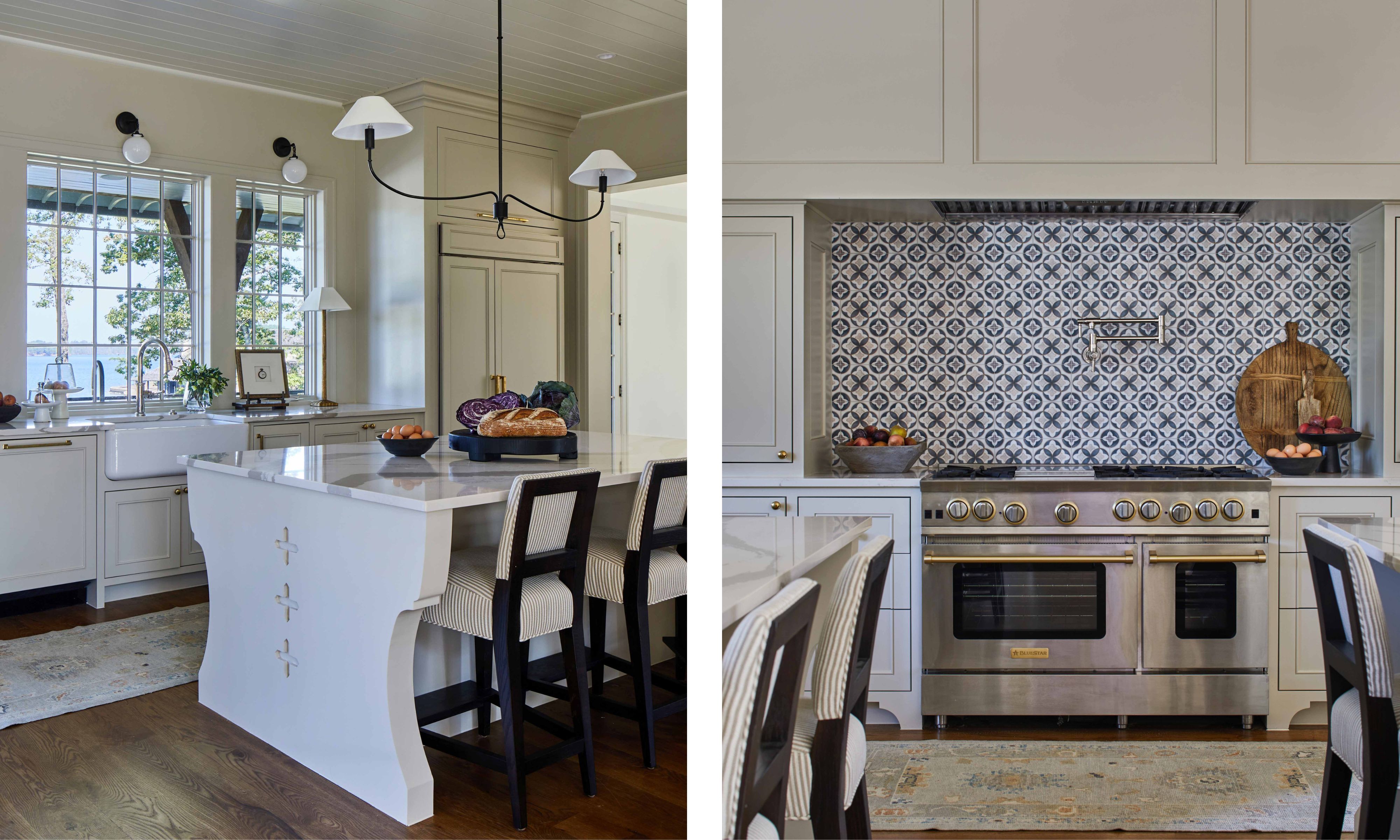 two shots side by side of the same kitchen from different angles showing a white island with curved sides and a steel range with patterned tiles on the wall above it