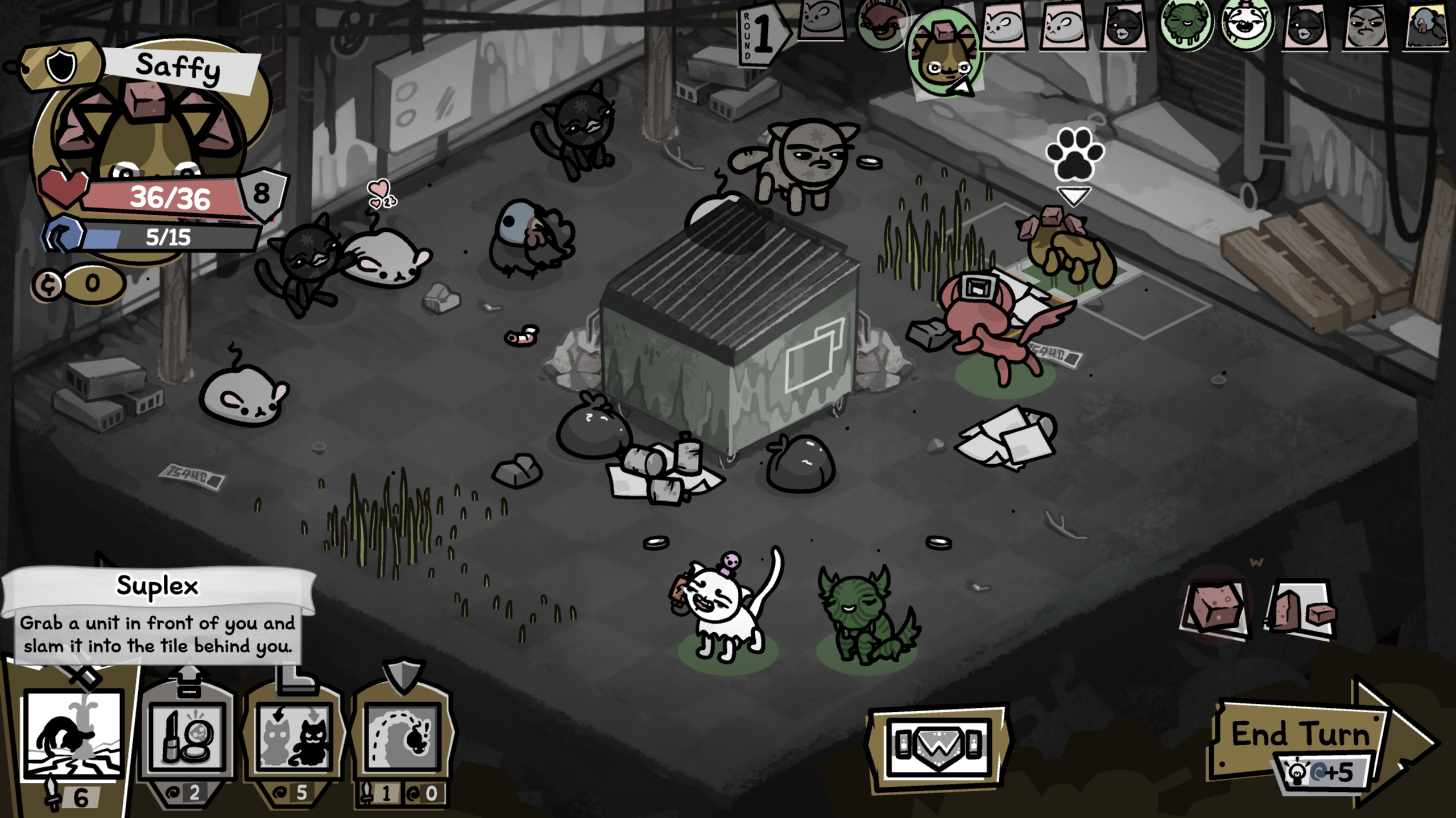 Mewgenics classes: A screenshot of combat in which four colourful cats are attacking a group of mice and other cats around a dustbin.
