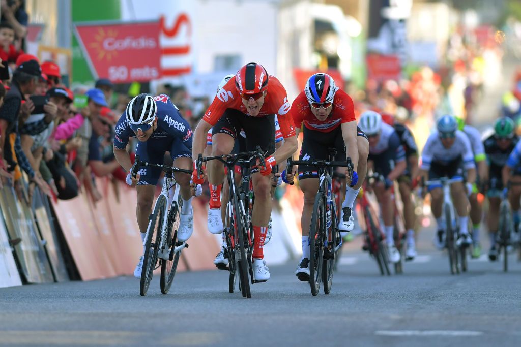 TAVIRA PORTUGAL FEBRUARY 21 Arrival Sprint Cees Bol of The Netherlands and Team Sunweb Sacha Modolo of Italy and Team AlpecinFenix Fabio Jakobsen of The Netherlands and Team Deceuninck Quick Step Red Points Jersey during the 46th Volta ao Algarve 2020 Stage 3 a 2019Km stage from Faro to Tavira VAlgarve2020 on February 21 2020 in Tavira Portugal Photo by Tim de WaeleGetty Images
