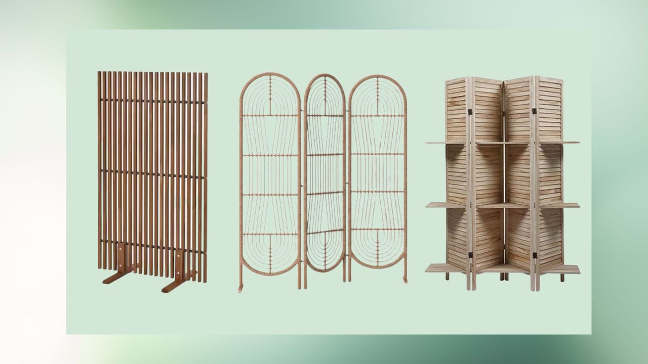 Wooden room dividers on green background