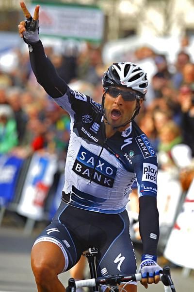 An ecstatic Juan Jos&eacute; Haedo (Team Saxo Bank) after his victory.