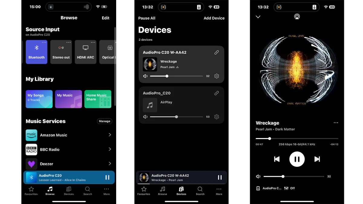 Audio Pro C20 W wireless speaker app on three smartphone screens
