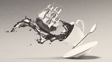 Illustration of a galleon ship with Starbucks logo sails sailing on a cup of spilled coffee