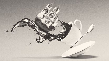 Illustration of a galleon ship with Starbucks logo sails sailing on a cup of spilled coffee