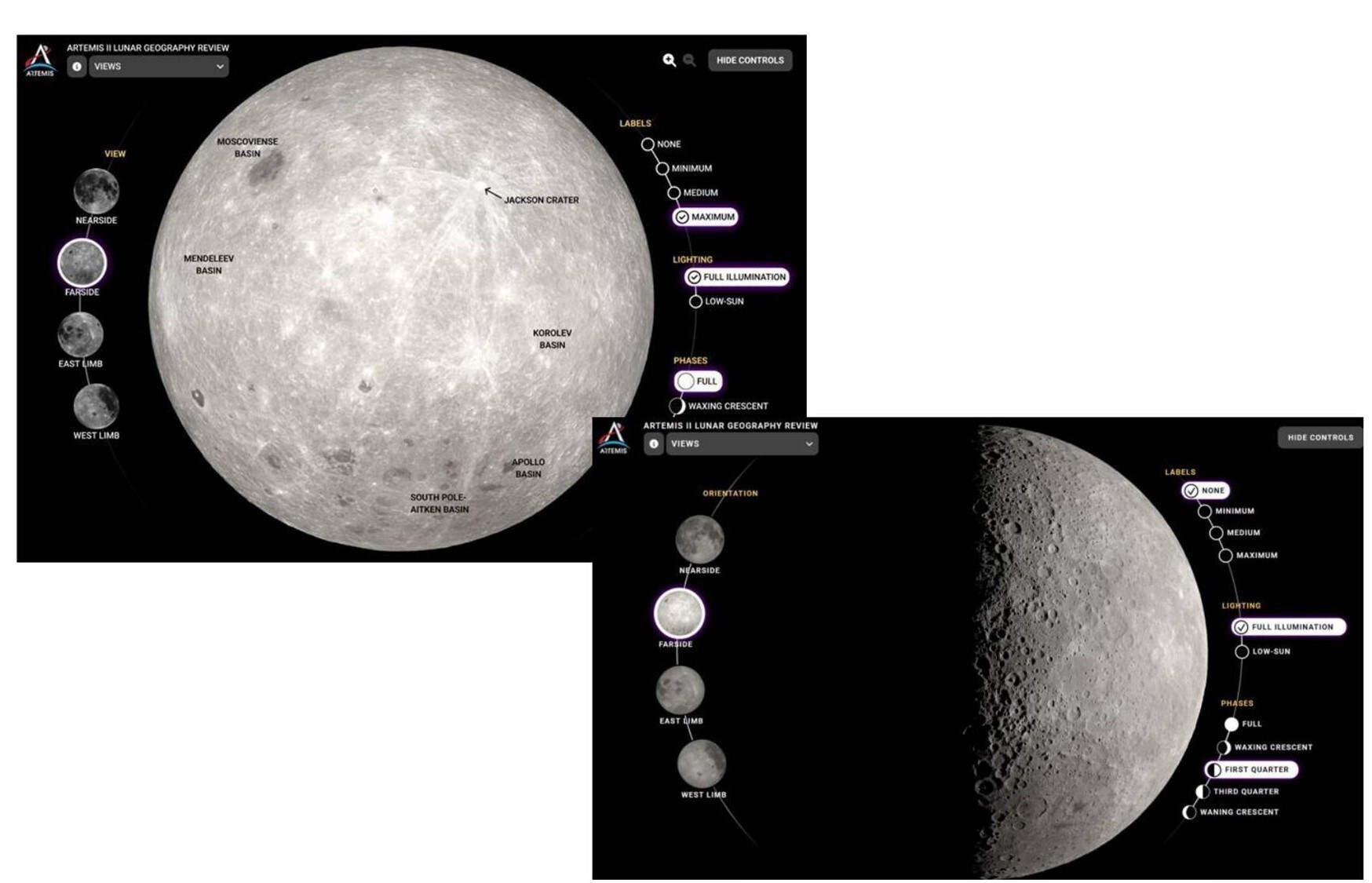Two images of the moon with various phases and notes next to the larger close ups