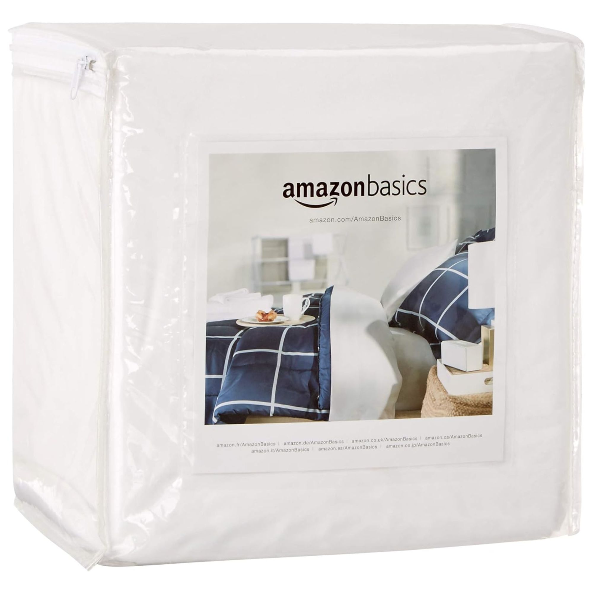 Amazon Basics mattress protector in clear packaging