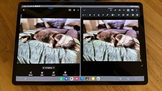 The Google Photos and Google Docs apps in split-screen mode, with a photo dragged and dropped into the document.