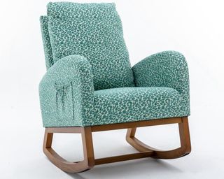 Light Brown Wood Patio Outdoor Rocking Chair with Leopard Teal Cushions