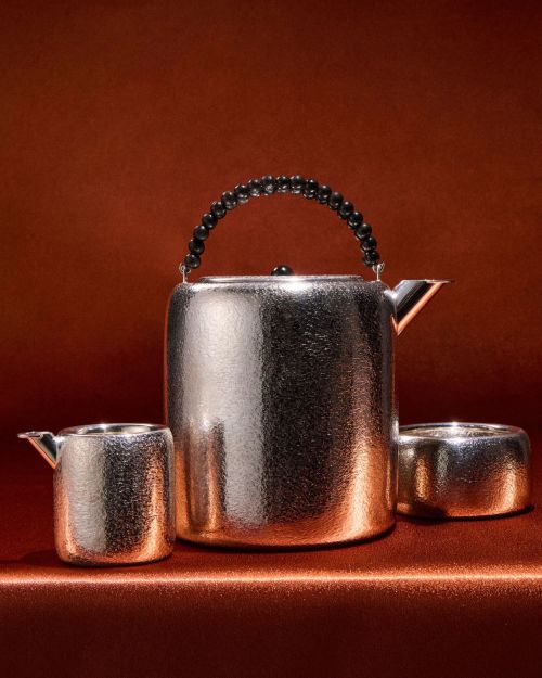 1988 Afra and Tobia Scarpa Engraved Sterling Silver Tea Service Set