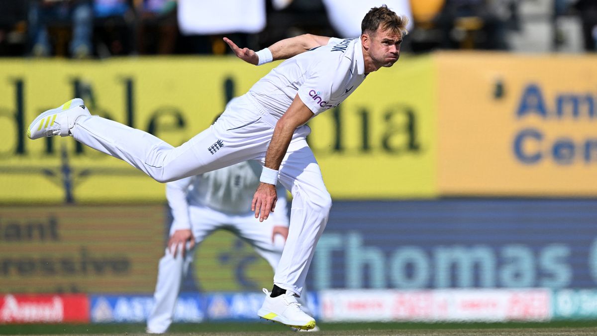 England&#039;s James Anderson delivers a ball during the first day of the fifth Test cricket match between India and England at the Himachal Pradesh Cricket Association Stadium in Dharamsala on March 7, 2024