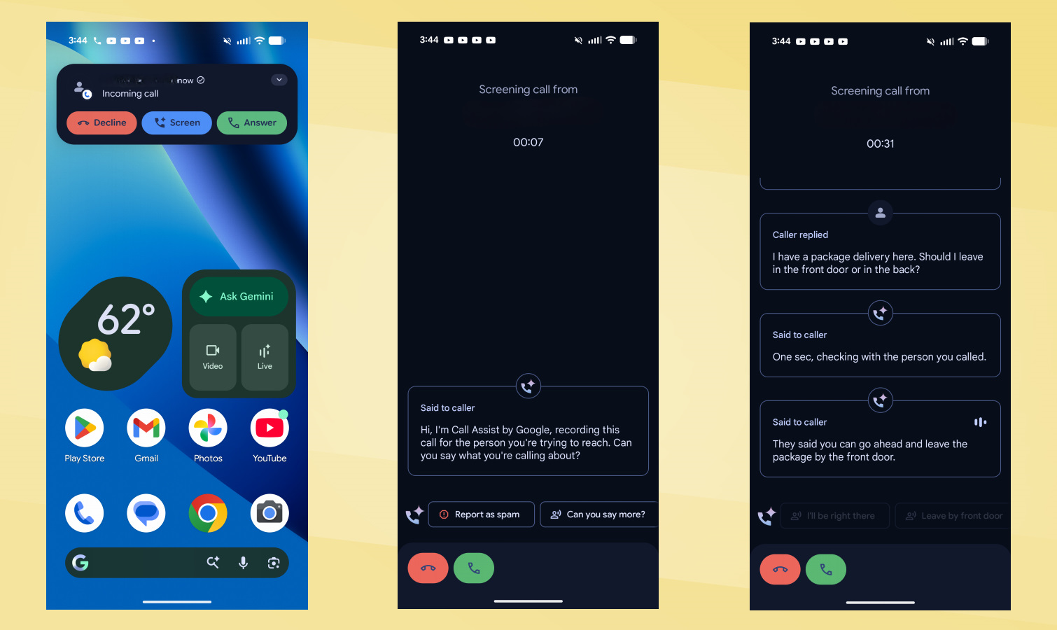 Pixel 10a Call Screening screenshots.