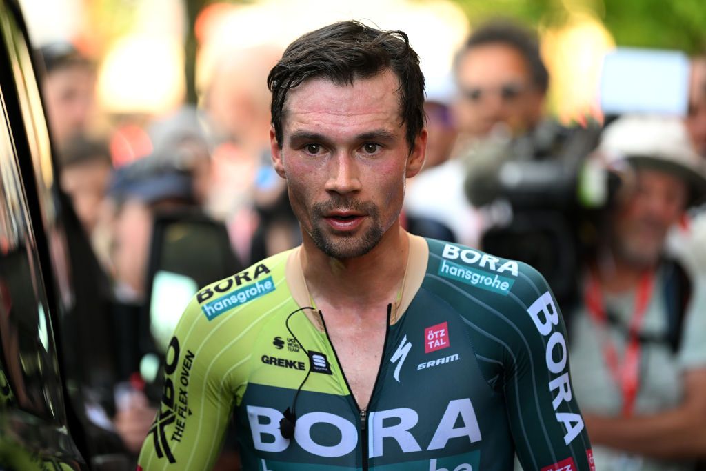NEULISE FRANCE JUNE 05 Primoz Roglic of Slovenia and Team BORA hansgrohe reacts after the 76th Criterium du Dauphine 2024 Stage 4 a 344km individual time trial at stage from SaintGermainLaval to Neulise 552m UCIWT on June 05 2024 in Neulise France Photo by Dario BelingheriGetty Images