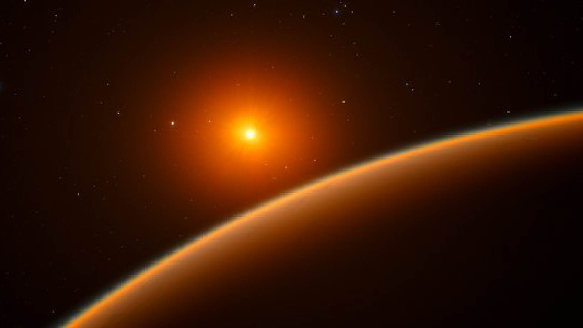 An artist's rendering of LHS 1140 b. It is an orange planet lit by a star in the background.