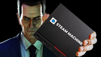 G-man from Half Life holding a Steam Machine with the Red line of death