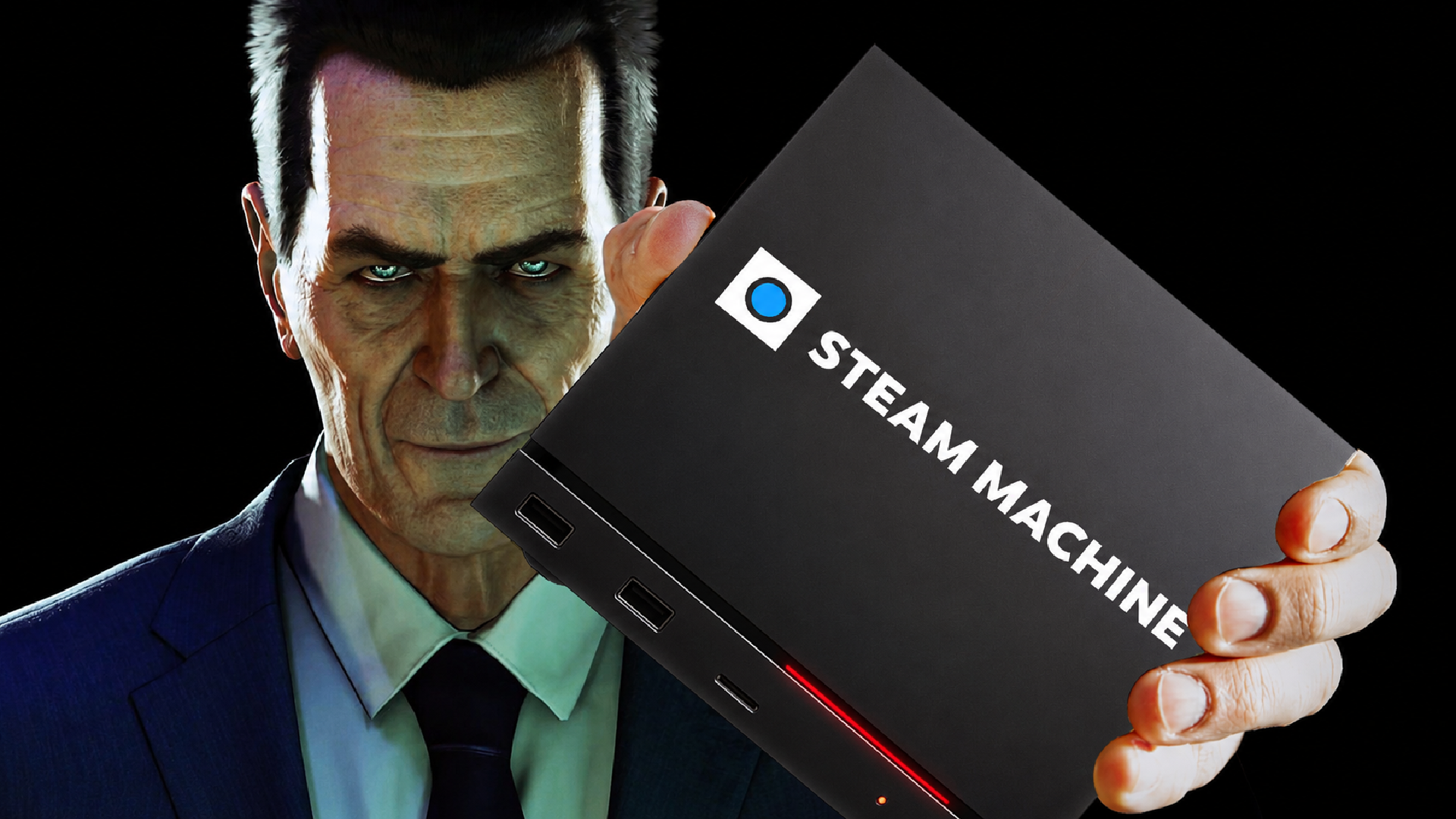 G-man from Half Life holding a Steam Machine with the Red line of death