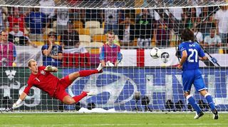 Italy's Andrea Pirlo scores a Panenka penalty past England's Joe Hart at Euro 2012.