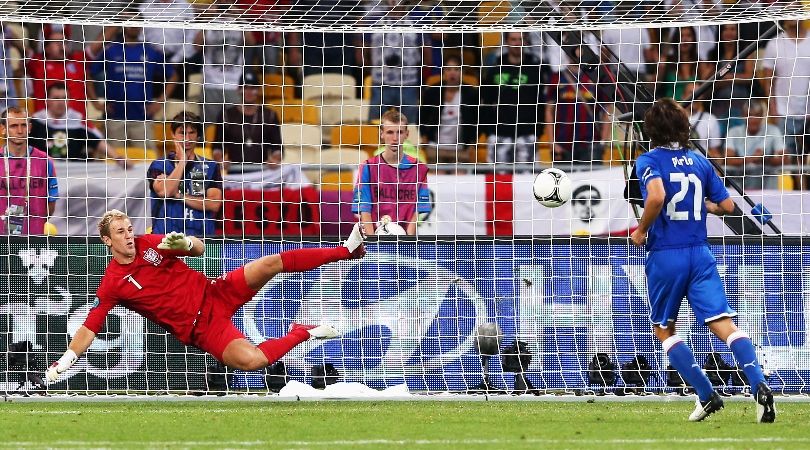 Italy&#039;s Andrea Pirlo scores a Panenka penalty past England&#039;s Joe Hart at Euro 2012.