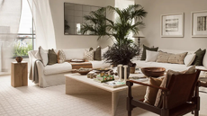 white corner sofa in a white living room with a big potted plant