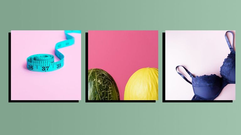 A photo of a tape measure, two melons and a bra on a green background to represent learning how to measure bra size