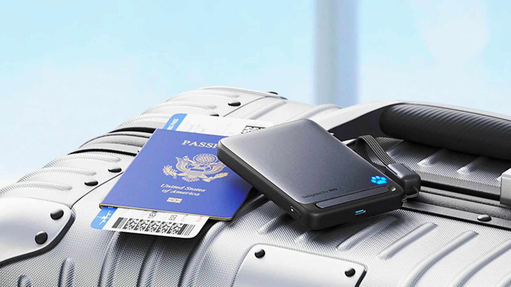 Small Iniu power bank on top of a suitcase next to a passport
