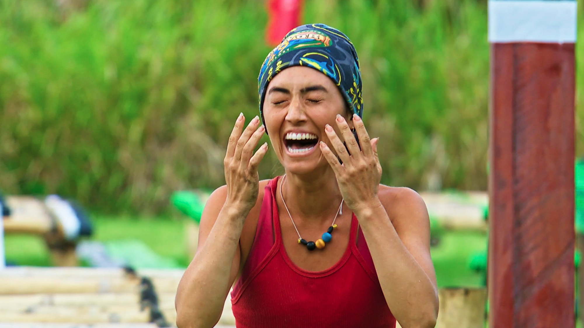 Savannah Louie celebrates a challenge win on Survivor Season 49 before her exit weeks later on Survivor 50.