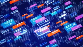 Digital generated image of abstract AI chat icons over digital surface.