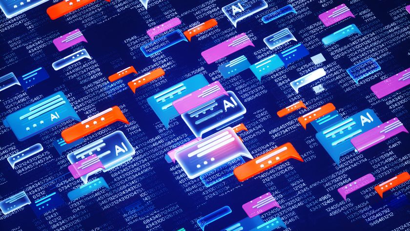 Digital generated image of abstract AI chat icons over digital surface.