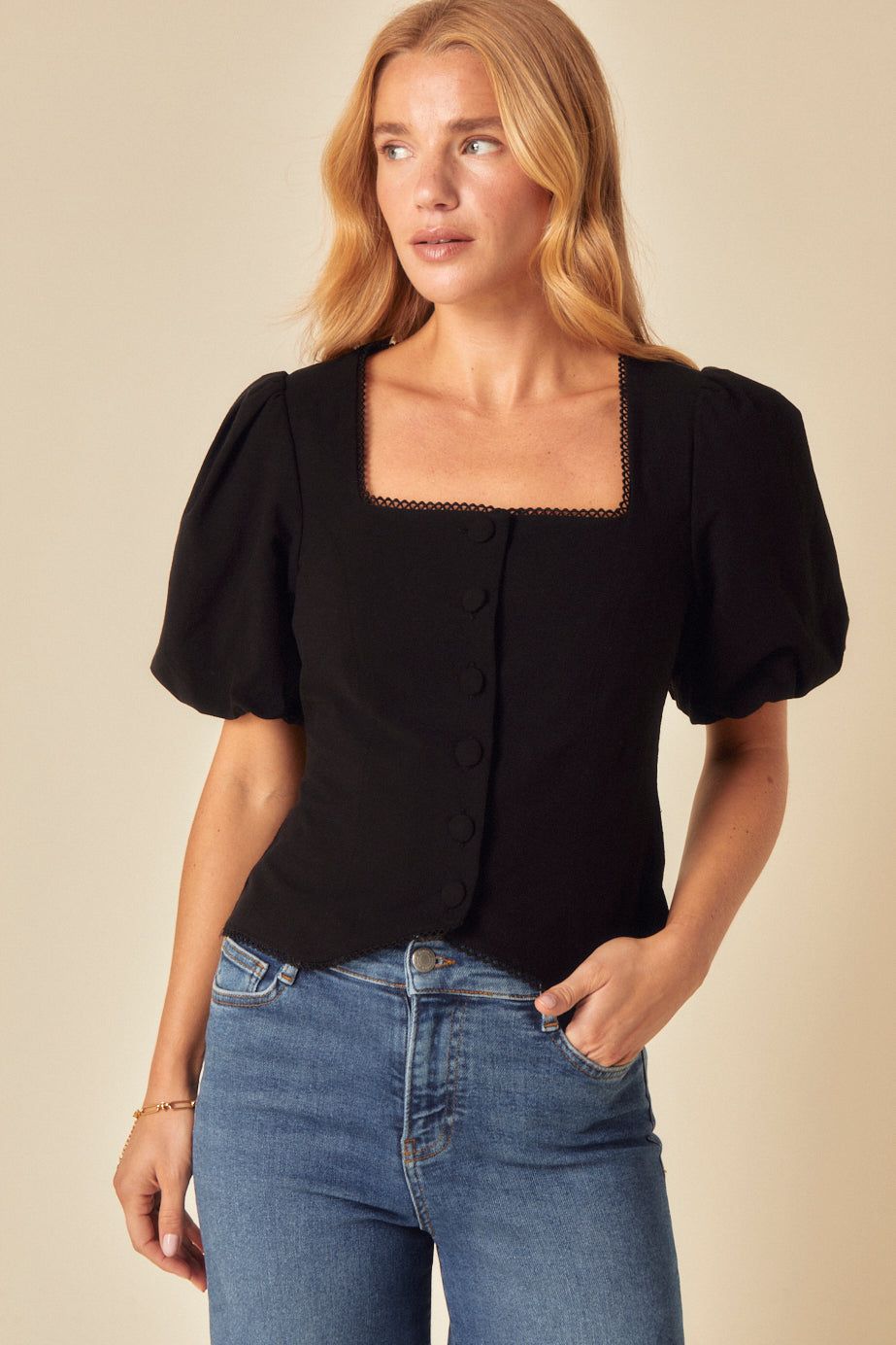 Black Linen-Blend Puff Sleeve Top