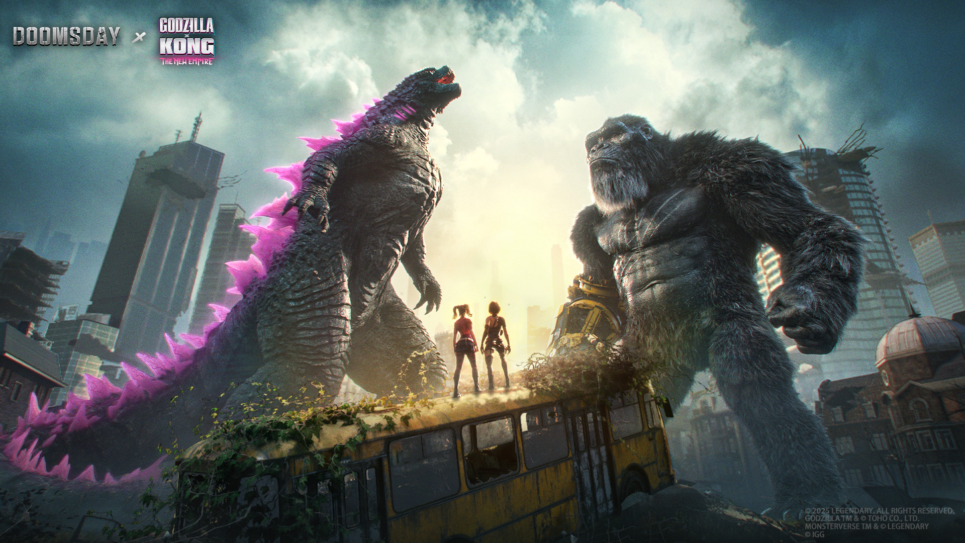 Doomsday Last Survivors art showing Godzilla and King Kong towering over two survivors who are stood on top of an overgrown school bus