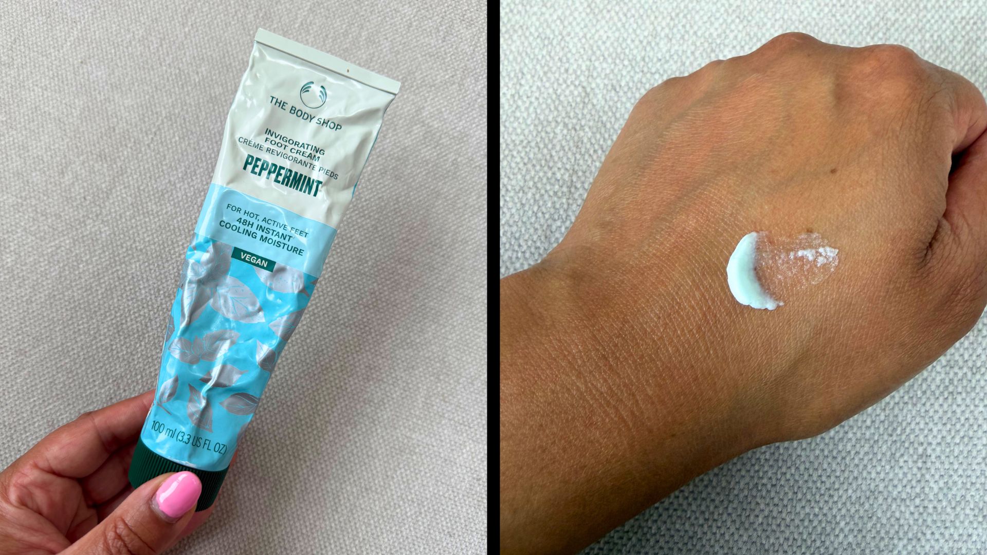 Aleesha holding The Body Shop Peppermint Foot Cream next to a swatch of cream on her hand
