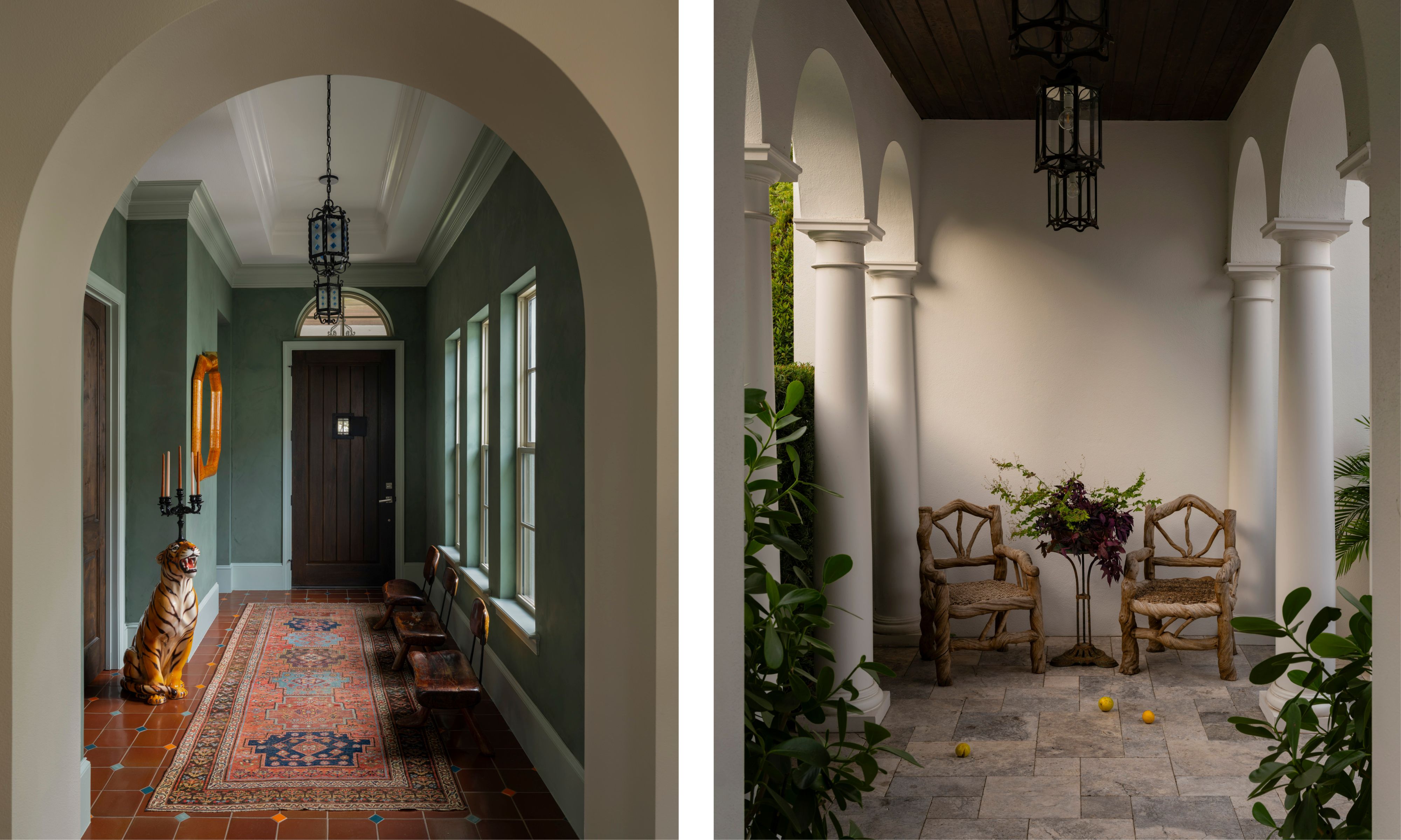 two side by side images of a vintage style Miami home entry