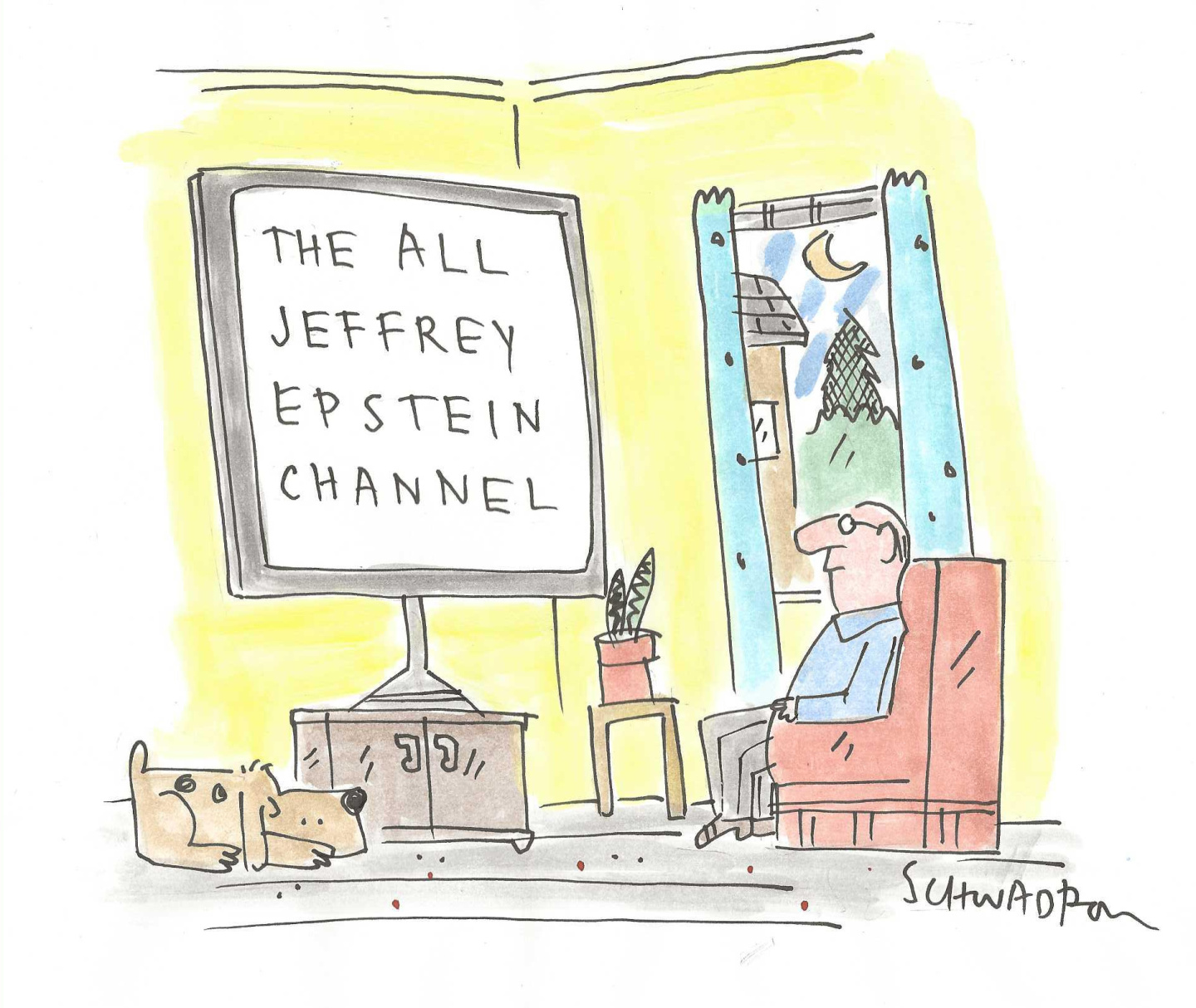 This cartoon takes place in a living room where a man watches television and his dog naps on the floor. The words on the TV screen read, &amp;ldquo;The All Jeffrey Epstein Channel.&amp;rdquo;
